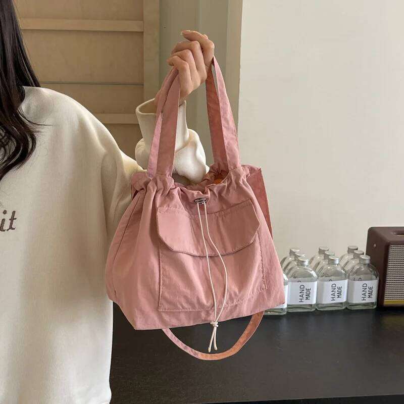 Casual Drawstring Bucket Shoulder Bags for Women Portable Nylon Ladies Handbags Tote Simple Solid Color Female Messenger Bag XJ260311