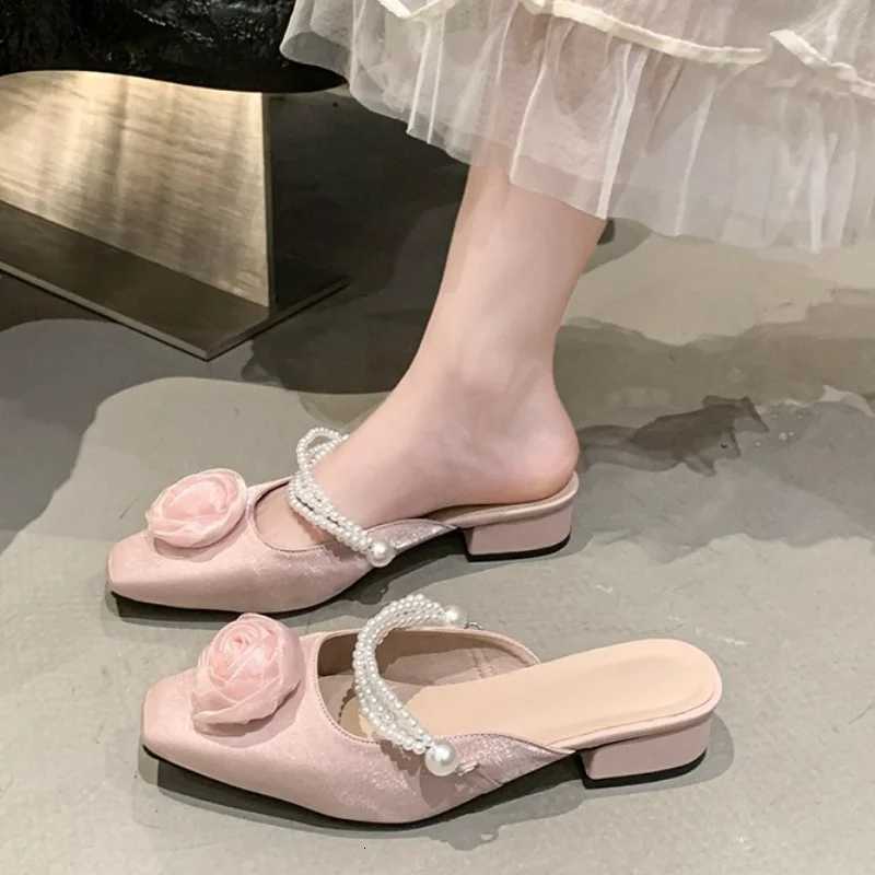 Elegant Mid Heels Women Flower Bead Heeled Shoes 2025 Fashion New Sandals Pumps Summer Trend Square Toe Shallow Slides K260311