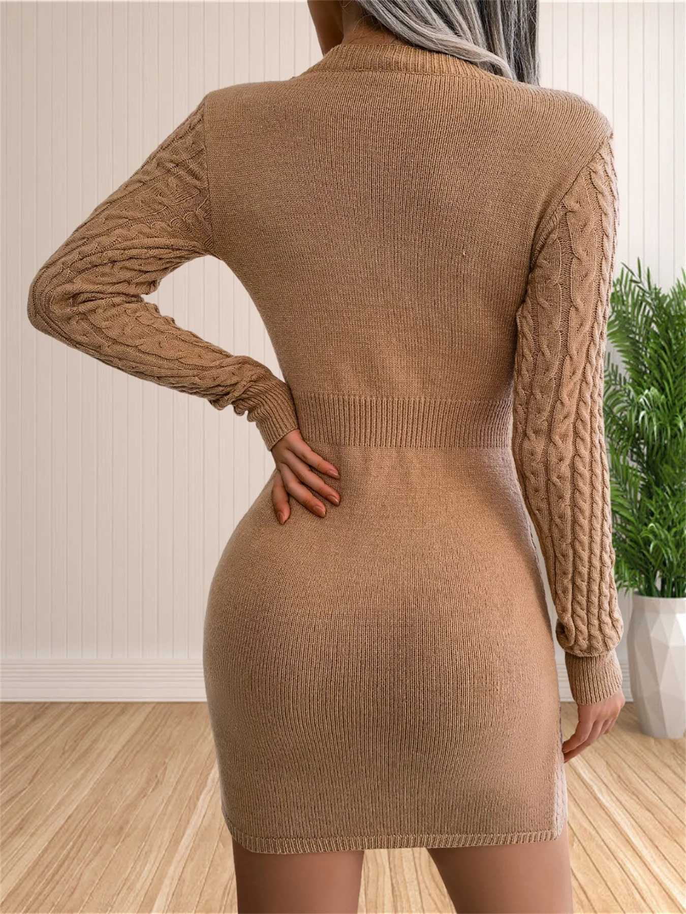 Womens Sexy Backless Cable Knit Sweater Dress Long Sleeve Bodycon Midi Dresses for Fall Winter M260311