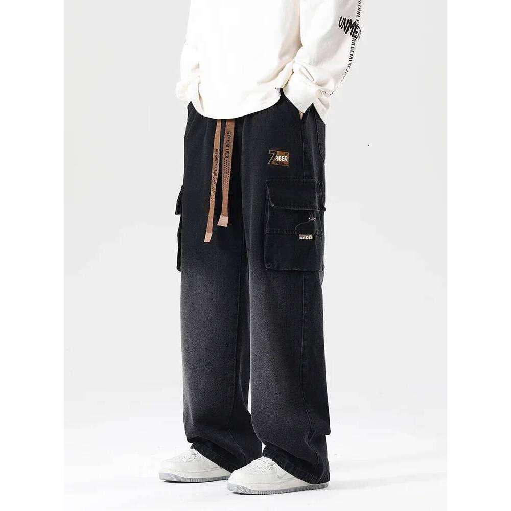 Autumn New Men's Cargo Jeans Big Pocket String Banding Wide Baggy Denim Pants Drawstring Straight Casual Jean Trousers Z260225