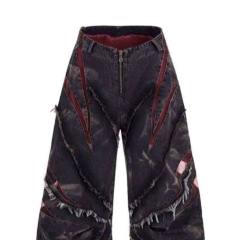 Mens Jeans Harajuku American Vintage Streetwear Patchwork Curved Wide Leg Denim Pants New Chinese Style Loose Fit Blue Casual Z260225