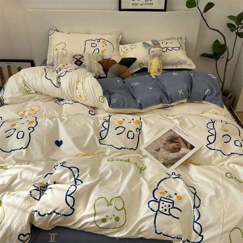 Cute Rabbit Bedding Set Flat Sheet Duvet Cover Pillowcases Single Double Queen Size Bed Linen Boys Girls Home Textile H260311