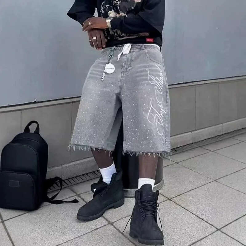 Men's Shorts Vintage Washed Rhinestone Denim Jeans Hip Hop Letter Embroidery Sequin Shiny Baggy Short Low Waist Over The Knee Pant Men's Clo