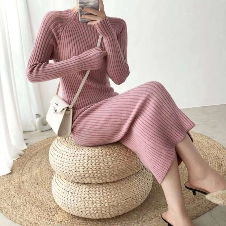 Autumn Winter Half High Collar Dress Sweater Knitted Skirt Women Midi Korean Over the Knee Slim Solid All-match Bodycon Dresses Z260311