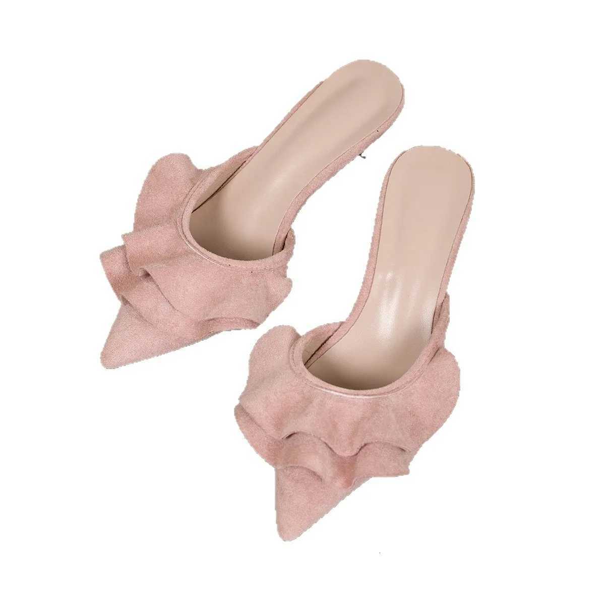 Lace High Heels 6CM Slippers for Women New Pointed Thin Heel Toe Cap Sandals Women Shoes Plus Size 42 K260311
