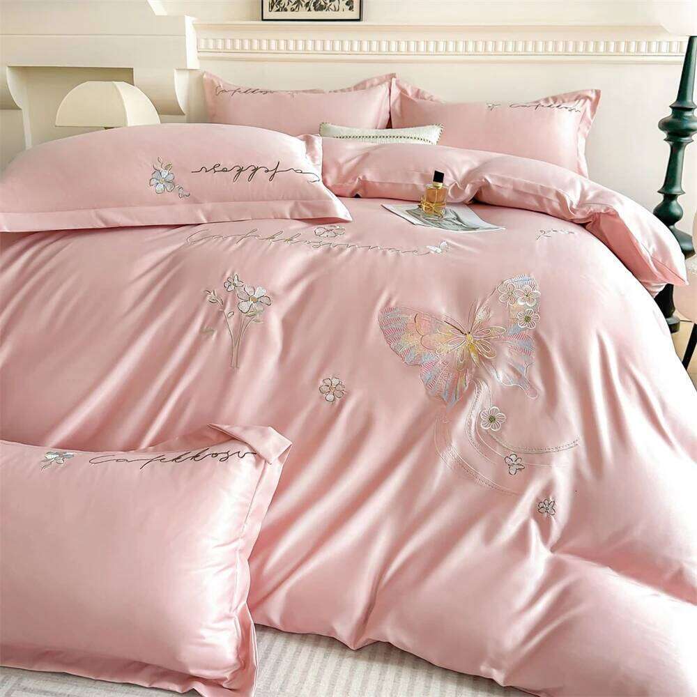 Light Butterfly Embroidery Bedding Soft Comfortable Four-Piece Princess Duvet Cover Bed Sheet Set Pillowcases H260311
