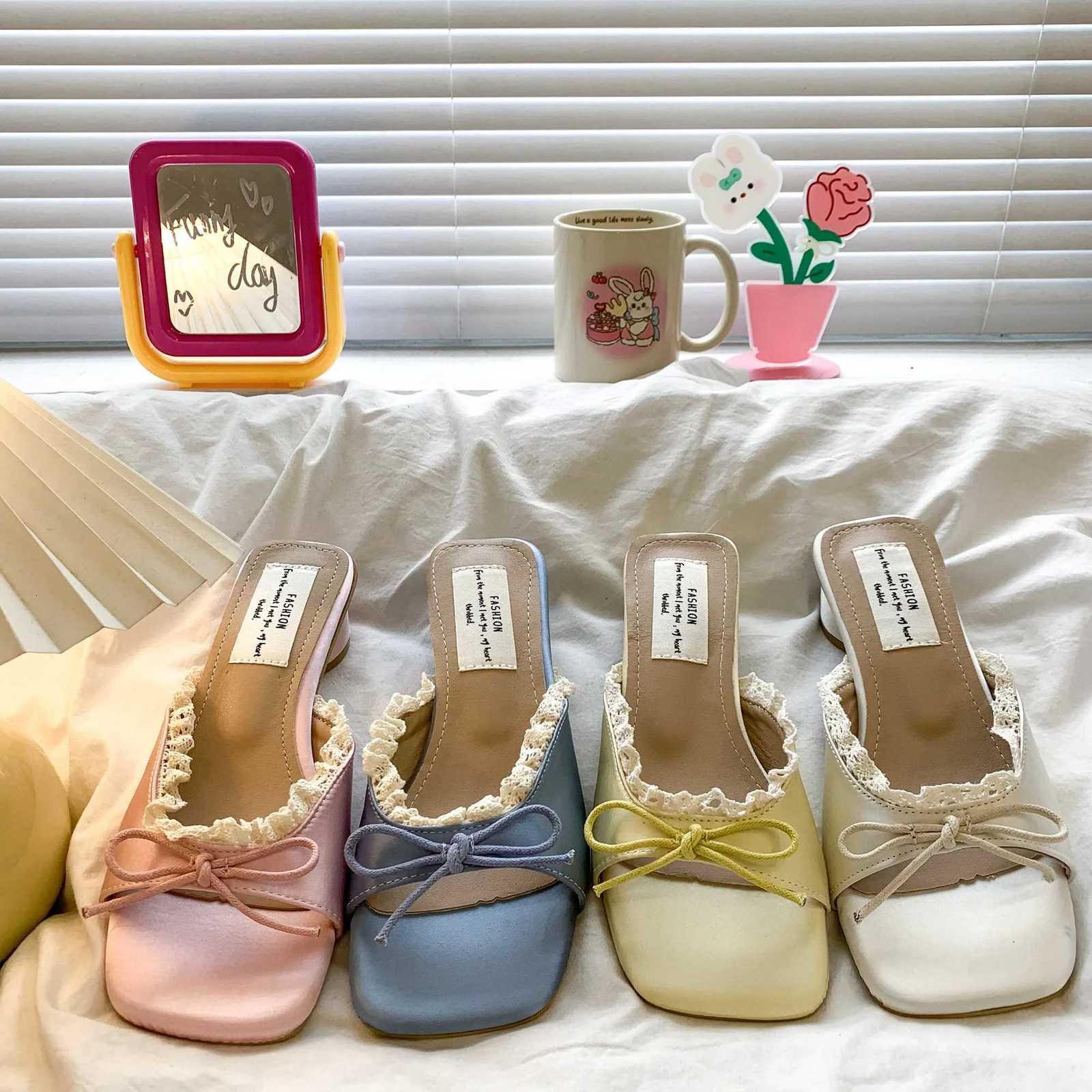 Satin Silk Butterfly-knot Lace Woman Summer Designer Style Fashion Thick Low Heel Dress Mule Slide Shoes In Pink K260311