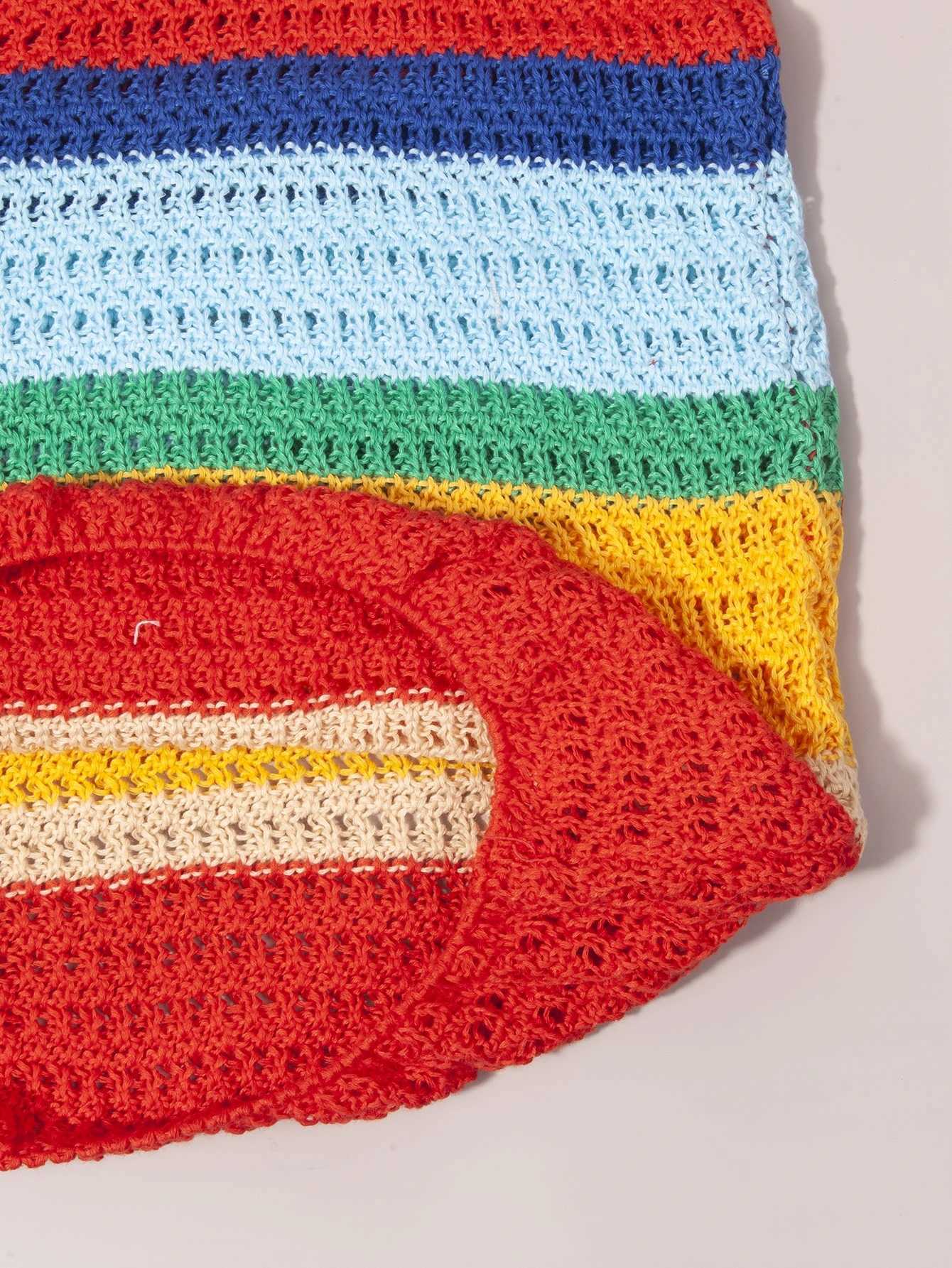 Women Panelled Striped Knitted Hollow Out Mini Dress Casual Tank Sleeveless Bodycon Hot Streetwear Outfit M260311