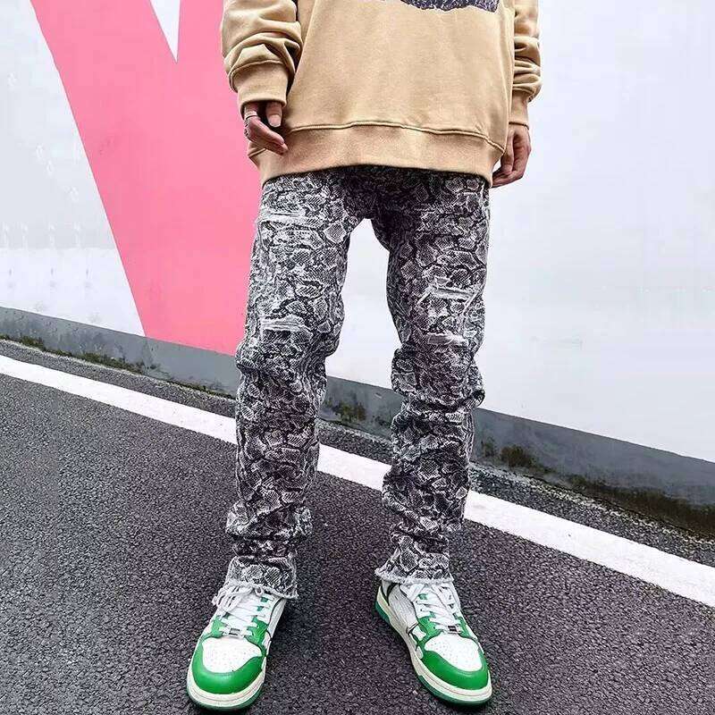 Men Fashion Snakeskin Graphic Jeans Male Baggy High Street Pants American Style Streetwear Casual Denim Trousers Z260225