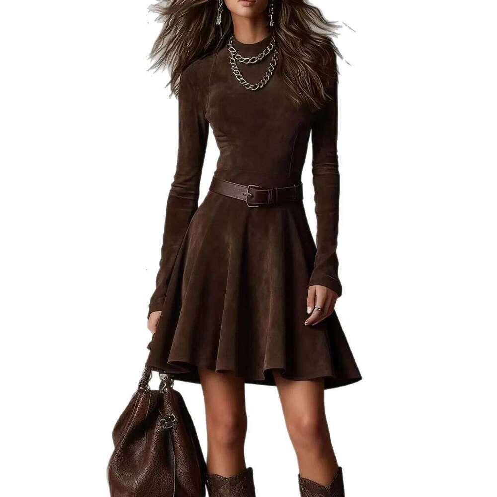 2025 New Fashion Slim Waist Dress Autumn Sexy Elegant Retro Round Neck Belt Long Sleeve Mini Dresses For Women Z260311