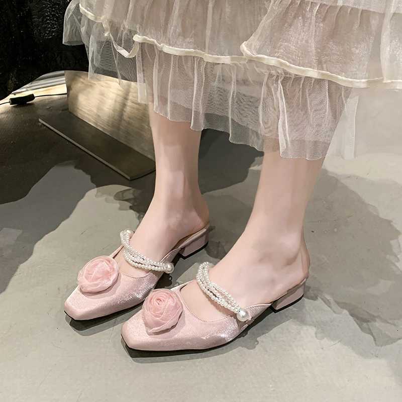 Elegant Mid Heels Women Flower Bead Heeled Shoes 2025 Fashion New Sandals Pumps Summer Trend Square Toe Shallow Slides K260311