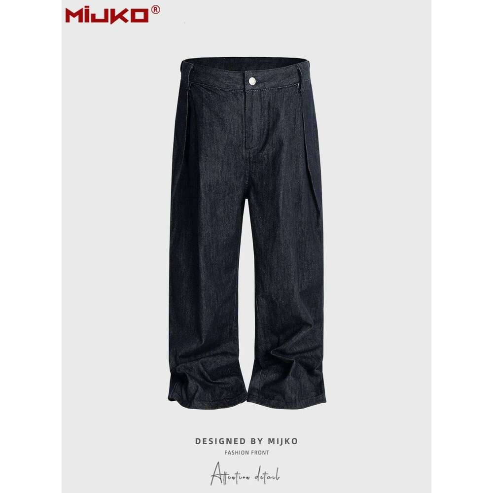 G6859# Unisex Straight Leg Jeans With Pleats Deconstructed Design Raw Denim Pants Z260225