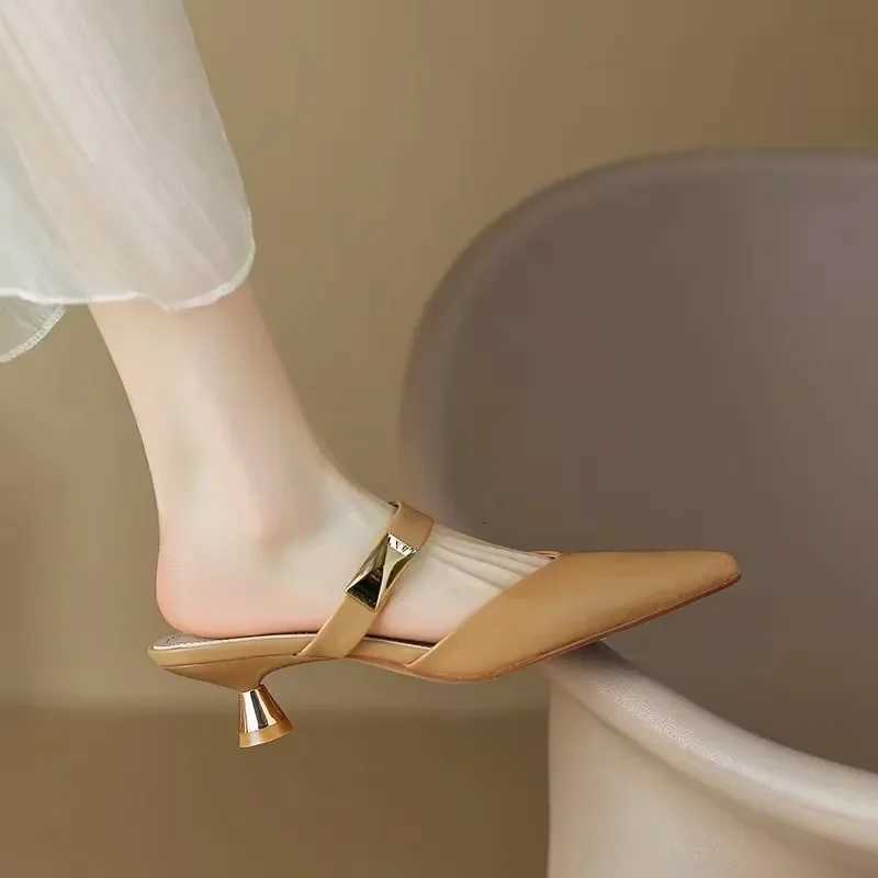 Women Kitten Heels Mules Golden Pointed Toe Summer Sandals Fashion Beige Ladies Casual Med Heels Shoes K260311