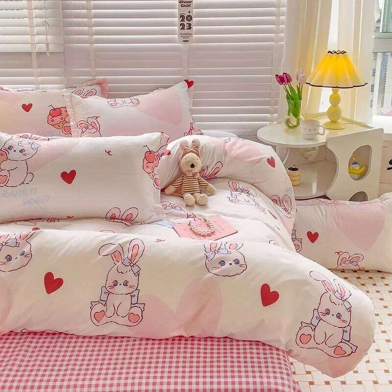 Cartoon Style Bed Sheet For Kids Cute Bunny Printed Set Breathable Durable Queen/King Bedding H260311