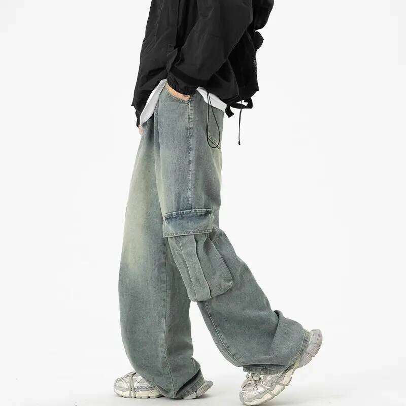 Summer Wide-leg Work Jeans Men Loose Washed Retro High Street Floor-length Trousers Z260225