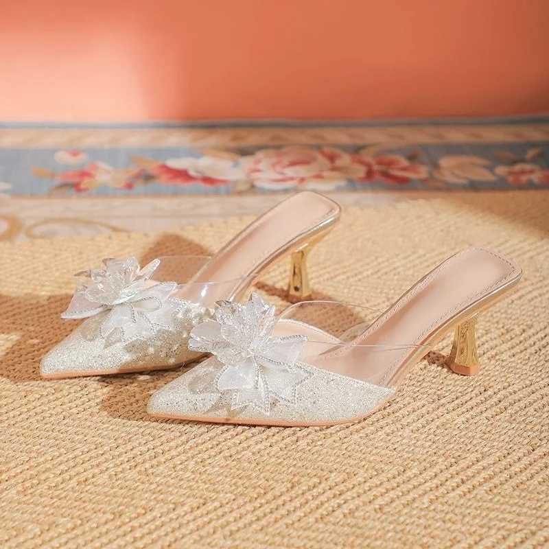 Womens Summer Shoes Wedding Party Versatile Woman High Heels Sandals Sweet Princess Beading Ankle-strap Ladies Dress Slippers K260311