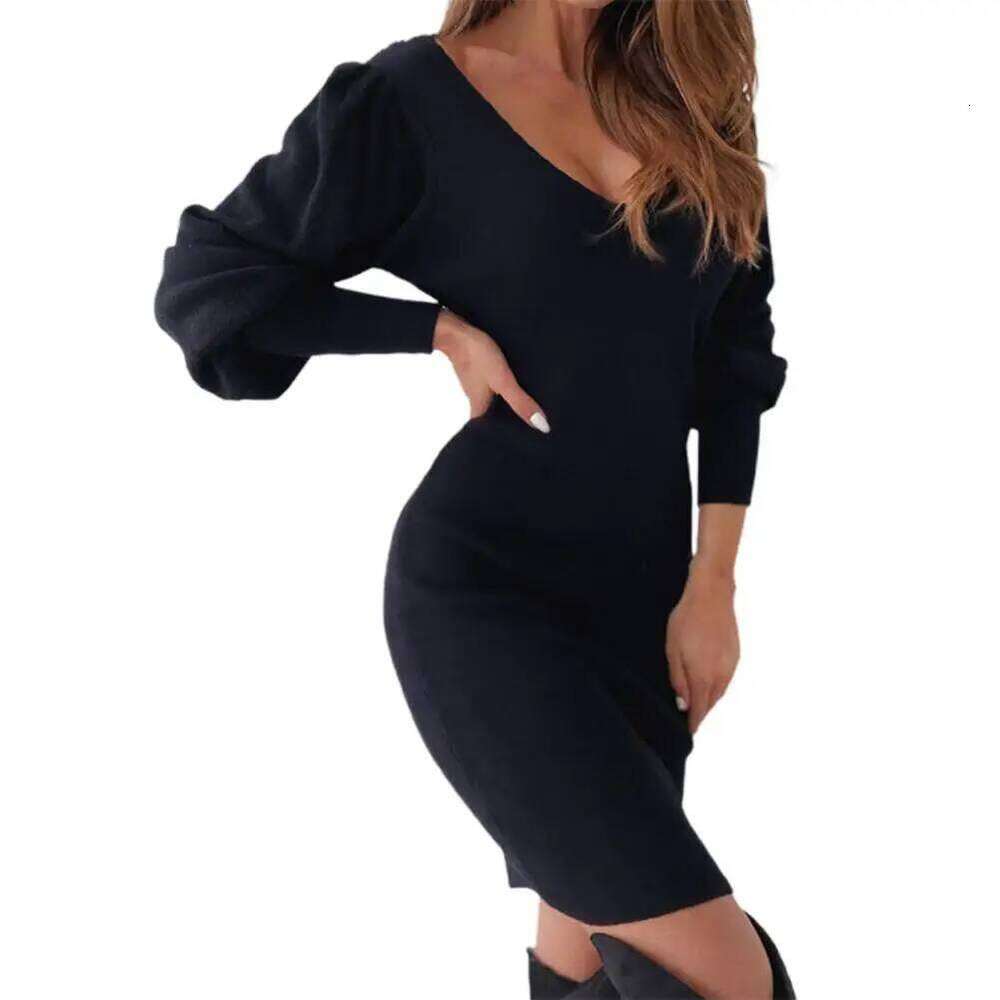 Women White And Autumn Costume Party Dress Ladies Warm Black Open Back Lace Lantern Sleeve V Neck Sweater Spring Z260311