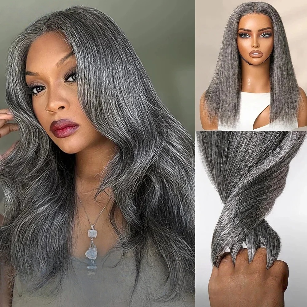 Pre Cut Lace Glueless Salt And Pepper Straight Human Hair Wig For Women Grey Wig Pre Plucked For Black Women Ready To Wear Glueless Daily Wear Brazilian Hair