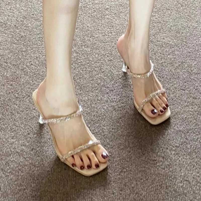 Sandals 2025 New Style Water Diamond High Heels Half Dragged Womens Sandals High Heels Thin Heels Transparent K260311