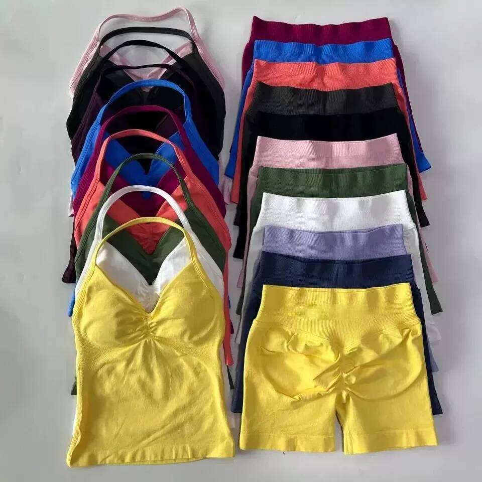 Sexy Halter Neck Beautiful High Waist Peach Sports Bras Shorts Suit Pilates Gathering Yoga Vest Training Fitness Bra Sets 26H0311