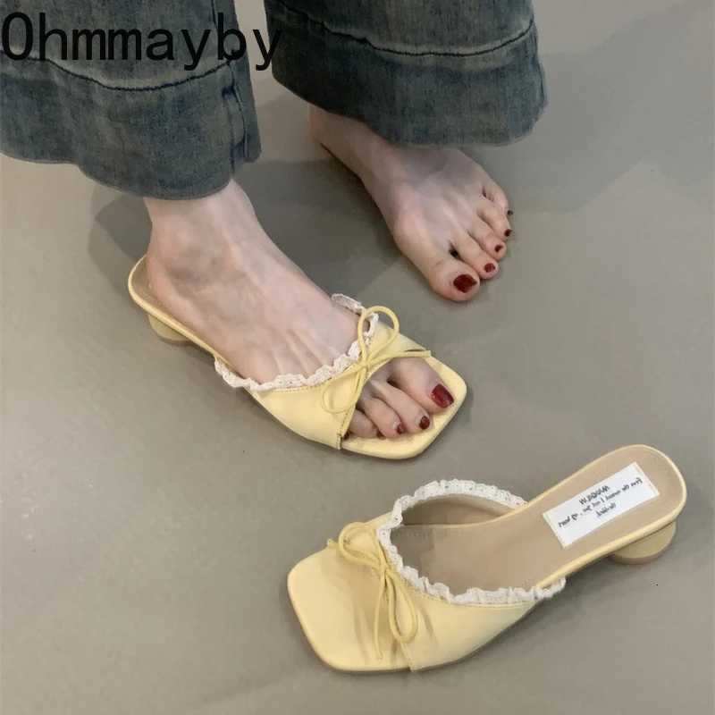 Designer Summer Butterfly-knot Lace Women Slippers Casual Thick Low Heel Dress Street Style Slides K260311