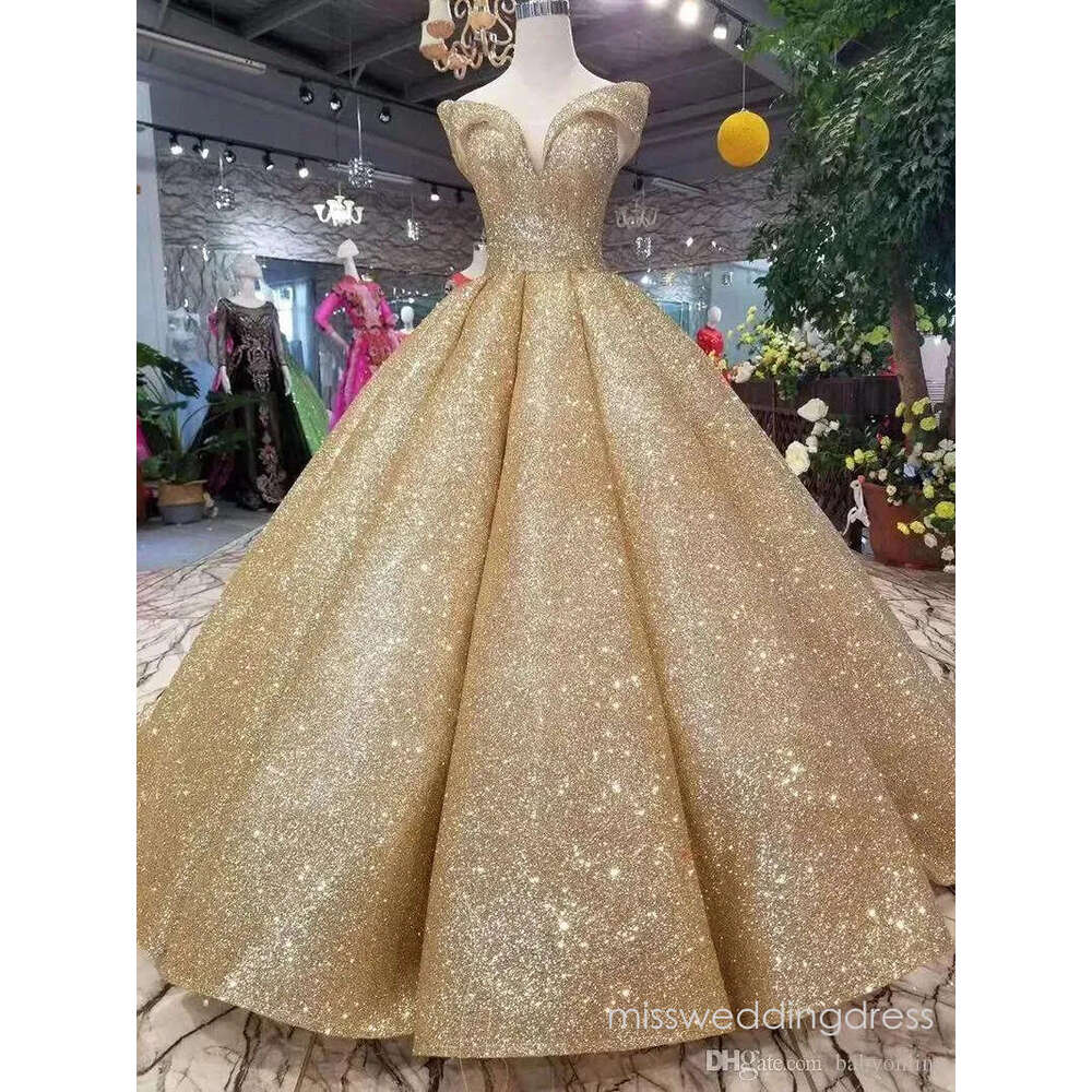 New Long Bling Gold Prom Sequins Ball Gown Quinceanera Dresses Off Shoulder Court Train Formal Evening Wear Dress Lace Up Back