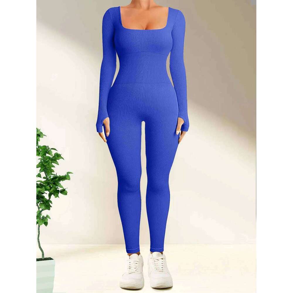 Solid Color Ribbed Yoga Jumpsuit, Seamless Slim Fit Long Sleeve Sports Bodysuit, Women's Activewear 26H0311