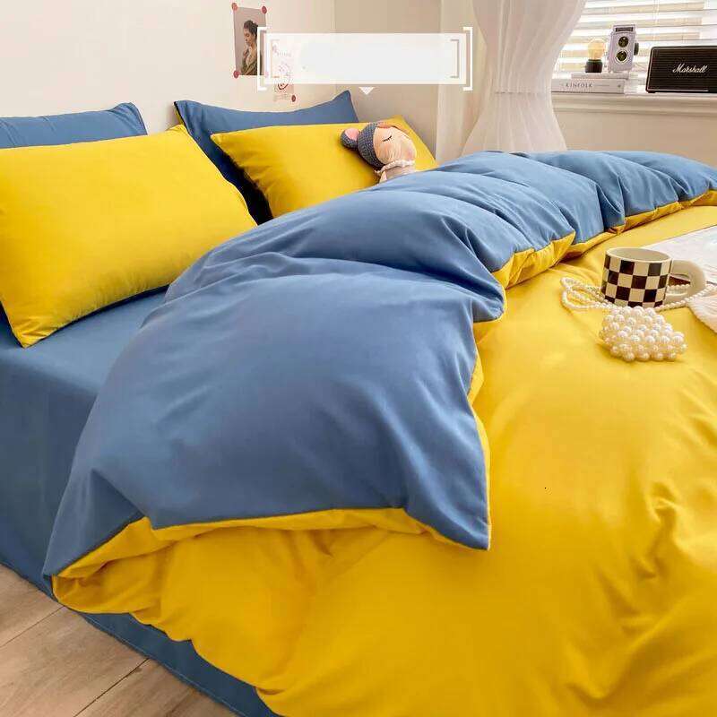 Washed Cotton Solid 3-4 Pcs Yellow Home King Size Duvet Cover Set with Flat Sheets Simple Queen Bedding Sets H260311