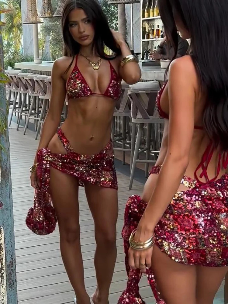 Sequin Bikini Swimwear Set Beaded Shiny Women Slip Top Vest Lace Up Sexy Ribbon Short Skirt Halter Blouse Gown Beach Swimsuit 260309