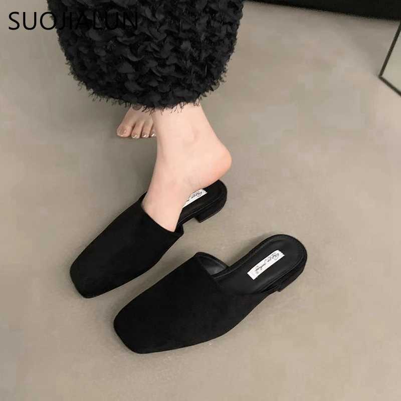 SUOJIALUN 2024 Autumn Women Flat Shoes Fashion Round Toe Slip On Mules Shoes Soft Flat Heel Outdoor Casual Dress Sandal Shoes K260311