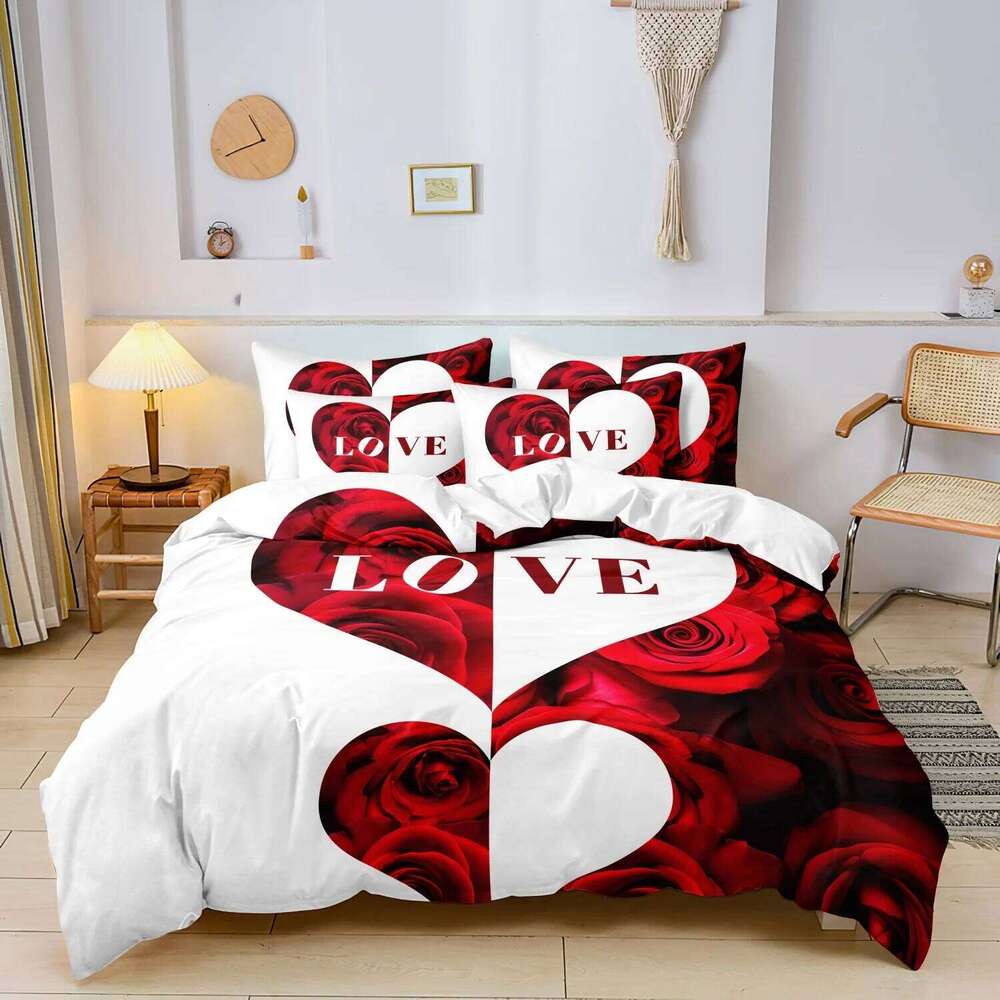 3pcs Red And White Heart Rose Lettering Print Bedding Set Romantic Design Soft Fabric Home Dormitory High-DefinitionDMQ181 H260311