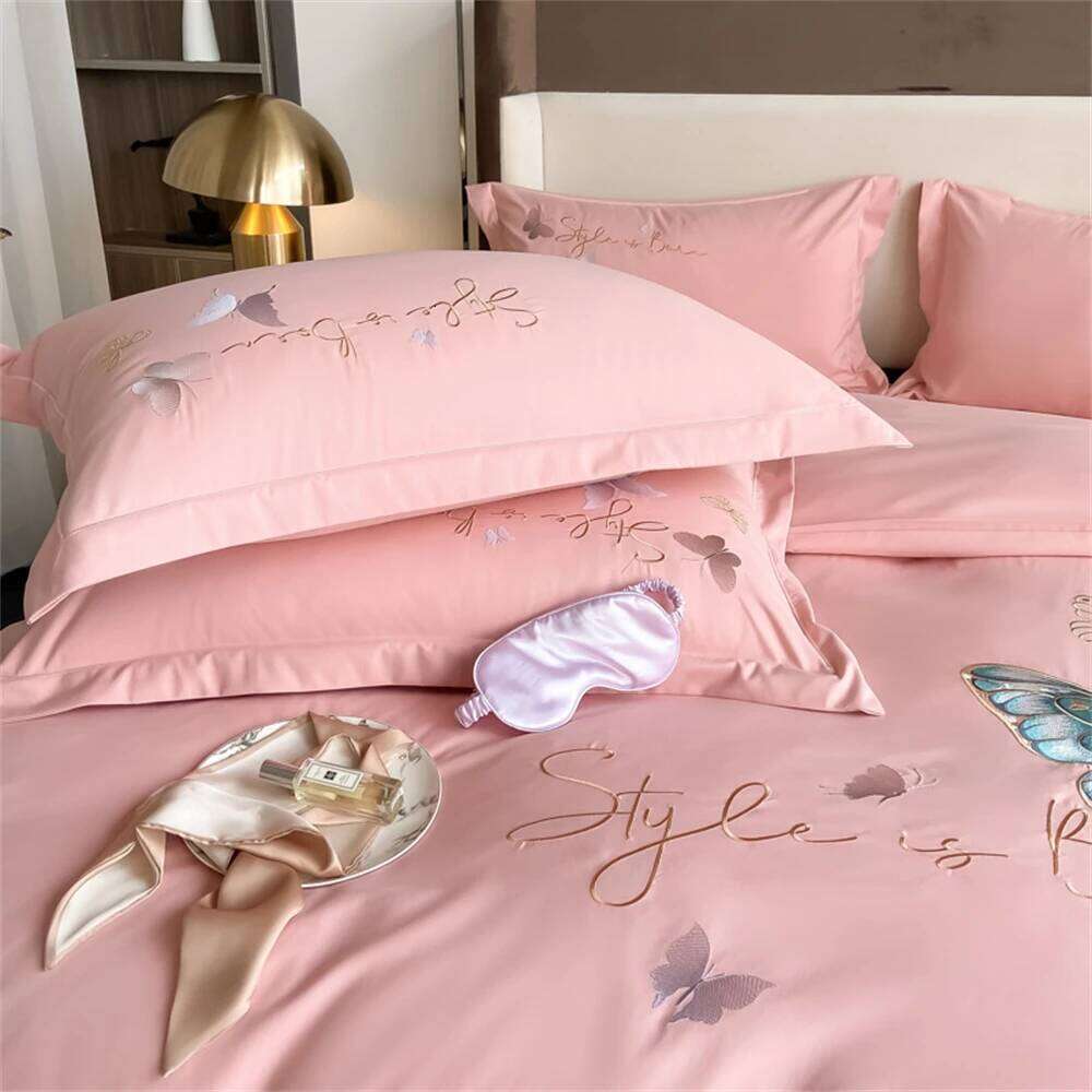 Butterfly Embroidery Four-Piece Sets Single Double Bedding Soft Duvet Cover Set Bed Sheet Pillowcases Bedroom Decor H260311