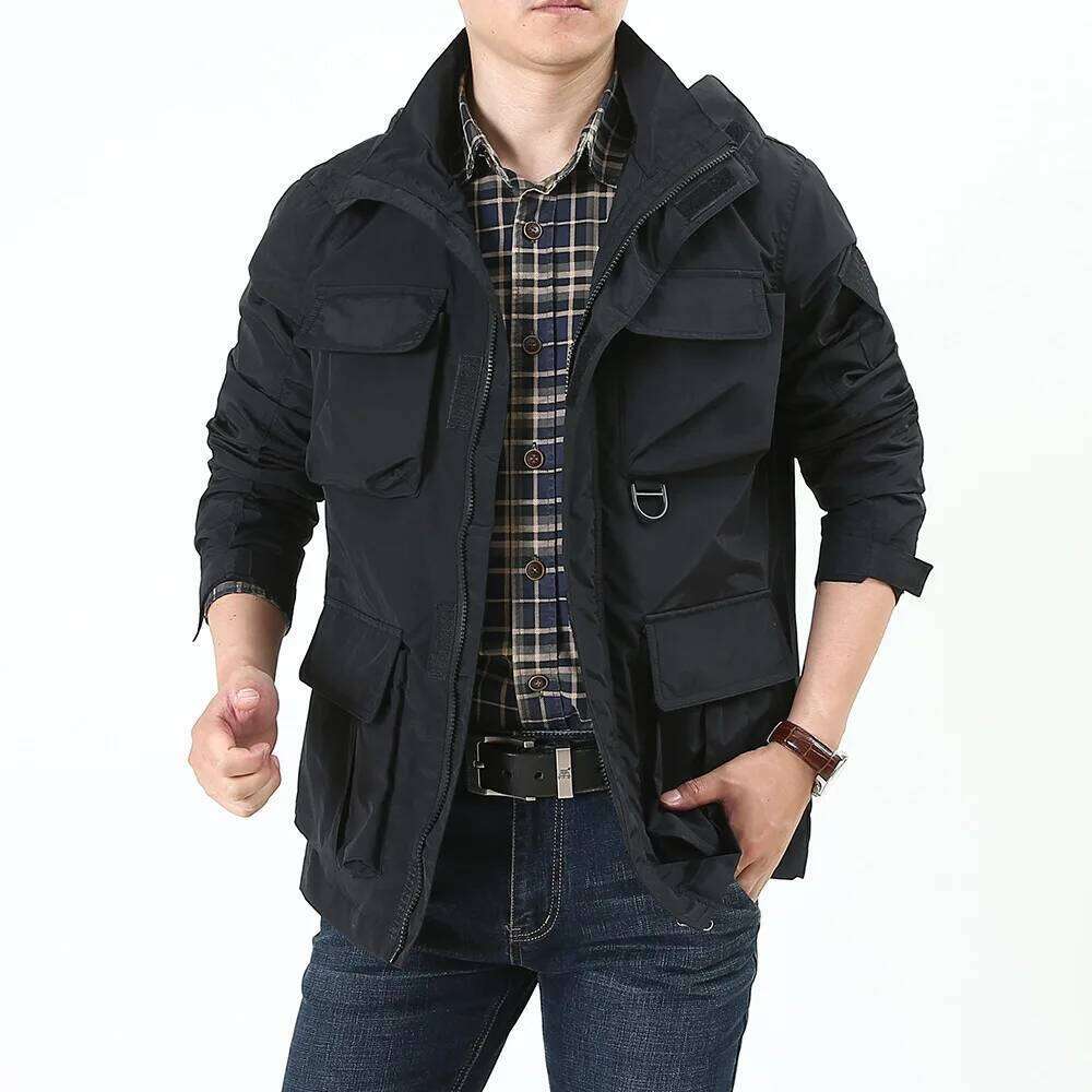 Men's Detachable Hat Windbreaker Jacket Spring Autumn Windproof Waterproof Multi-Pocket Outdoor Fashionable Workwear 26H0311