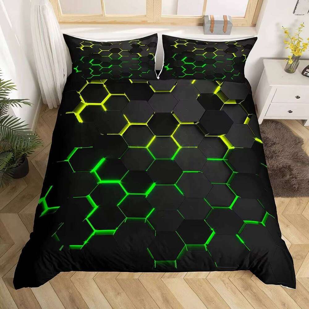 Black Geometric Duvet Set 3D Square Pattern Comforter Cover Kids Teenagers Boys Bedroom Decor Blue Creative Bedding H260311