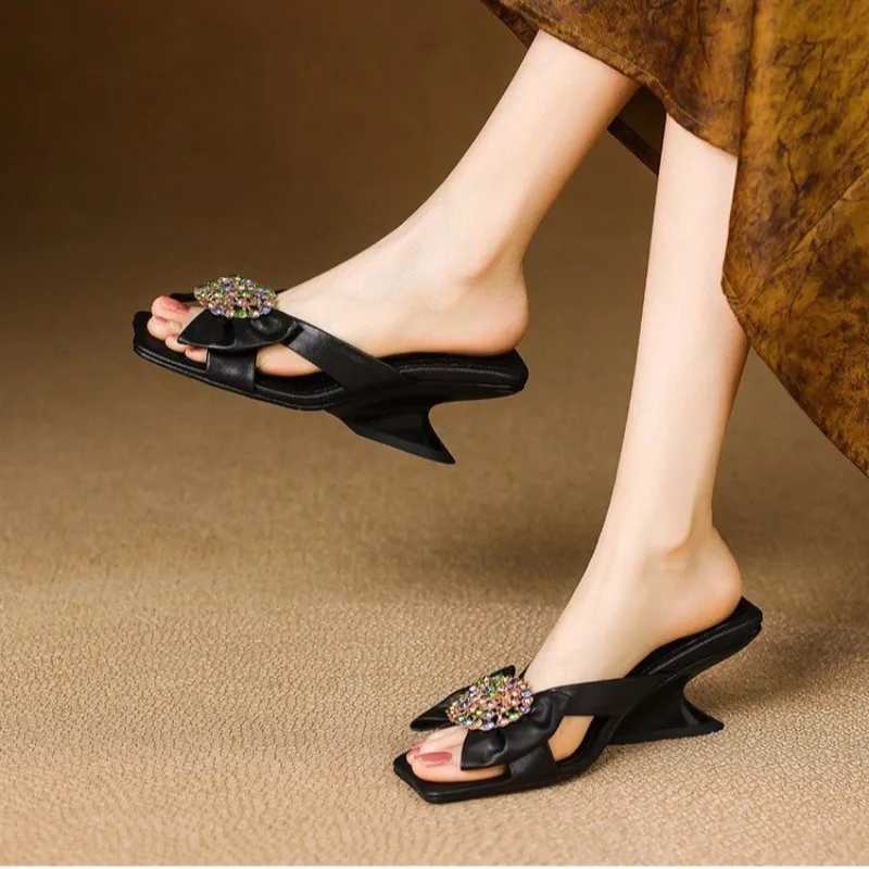 Summer Wedge Open Toe Going Out Half New Square Headpiece Diamond Bow Slip-on Anti-slip Wear-resistant Kitten Heels K260311