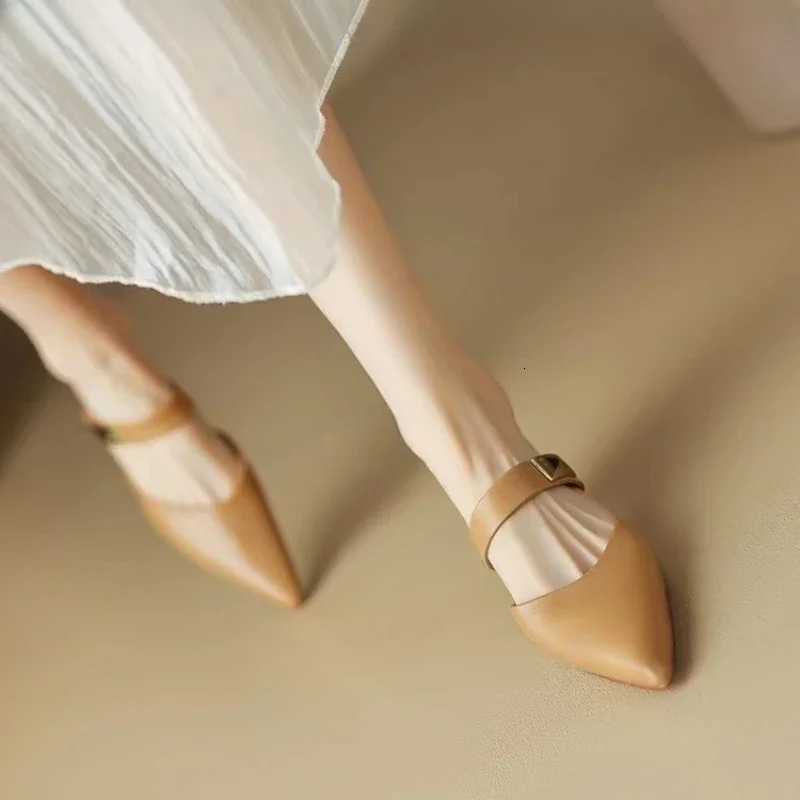 Women Kitten Heels Mules Golden Pointed Toe Summer Sandals Fashion Beige Ladies Casual Med Heels Shoes K260311