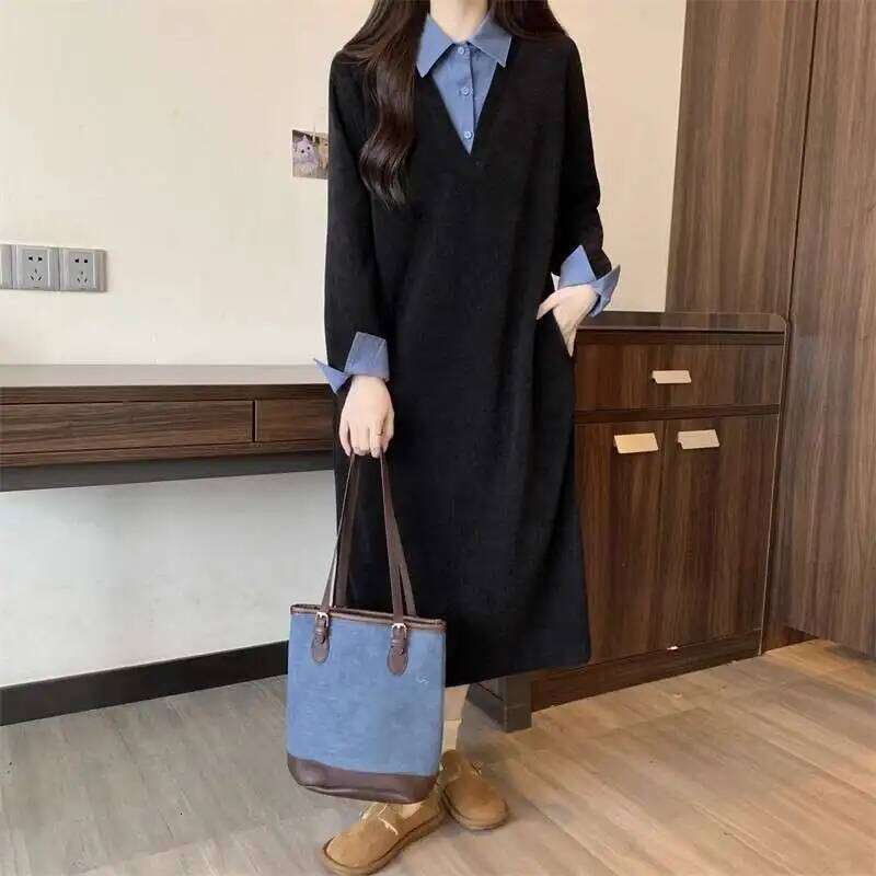 Design Sense Fake Two Items Women Autumn Lazy Wind Panelled Turn-down Collar Shirt Patchwork Loose Temperament Midi Dress Z260311