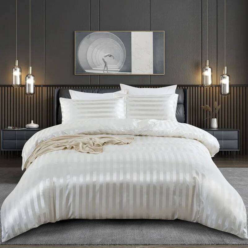 Satin Striped Full/Queen/King/Single/Double Size Set, Silky Like Ivory White Stripe Duvet Cover Bedding Set H260311