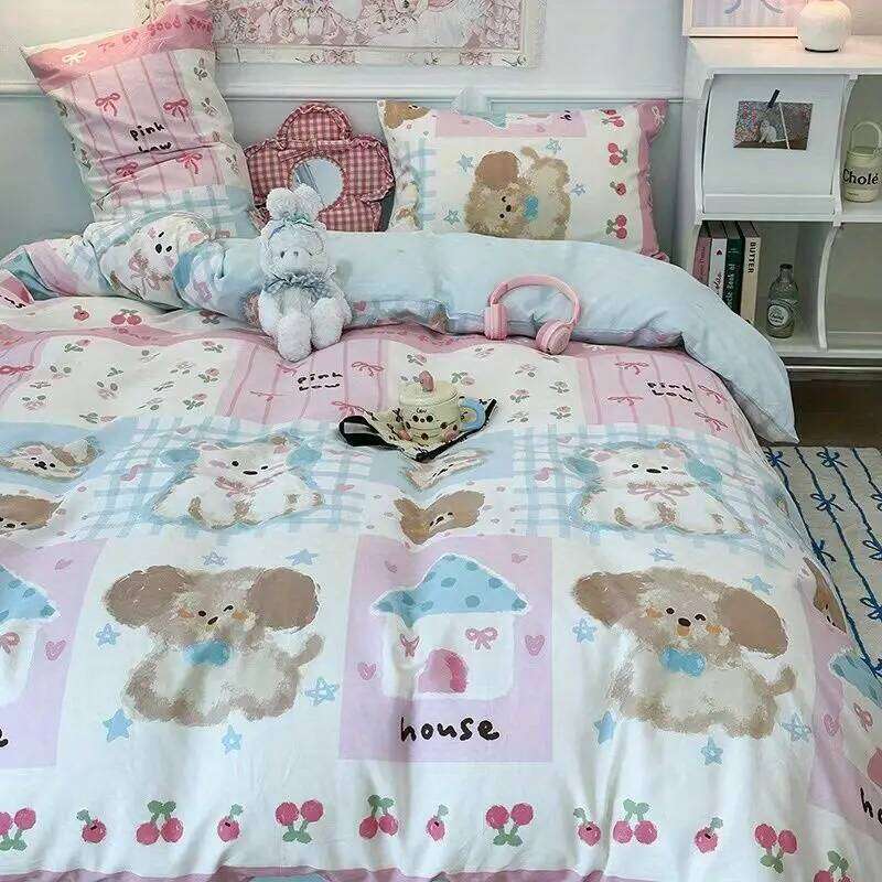 Kawaii Bedding Set for Kids Ins Twin Queen Size Duvet Cover Flat Sheet Pillowcase No Filler Girls Boys Home Totel Bed Linens H260311