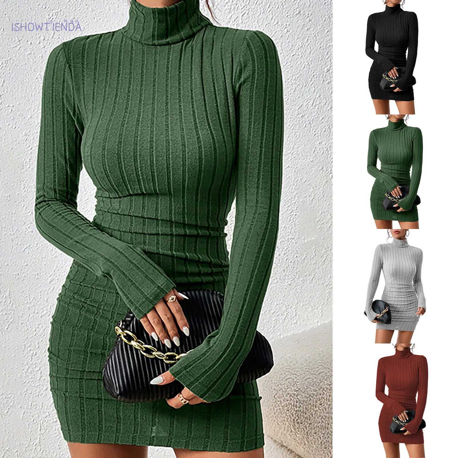 Knitted Bottoming Dress Women Elegant Party Autumn Winter Turtleneck Long Sleeves Sexy Sheath Mini Dresses Bodycon Club Dress M260311