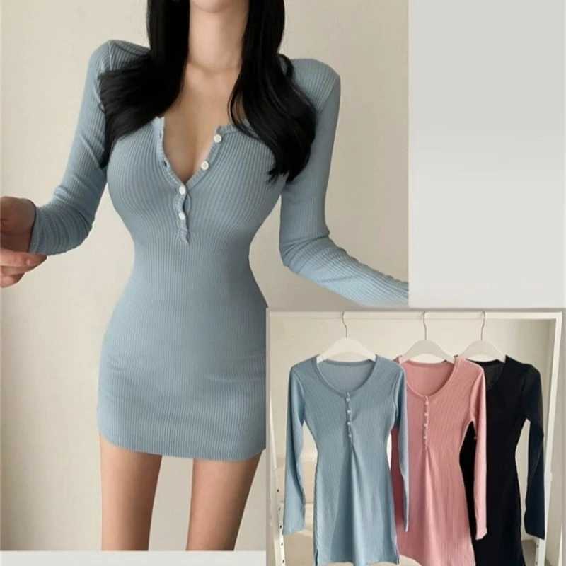 Half Open Neck Button Long Sleeve Cinching Waist Wrap Hip Slim Sexy Knit Dress Korean Version Autumn Winter New Bodycon Frock M260311