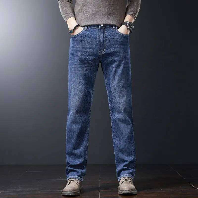 Men's Soft Stretch Straight Jeans Business Casual Slim Fit Wash Denim Pants Korean Fashion Blue Gray Male Brand Trousers Z260225