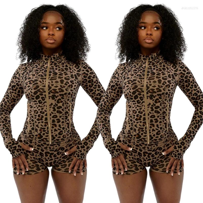 Women's Tracksuits Leopard Print 2 Pieces Set For Women 2026 Trendy Outfits Sexy Gym Tracksuit Slim Zip Up Tops And Shorts Matching Sets