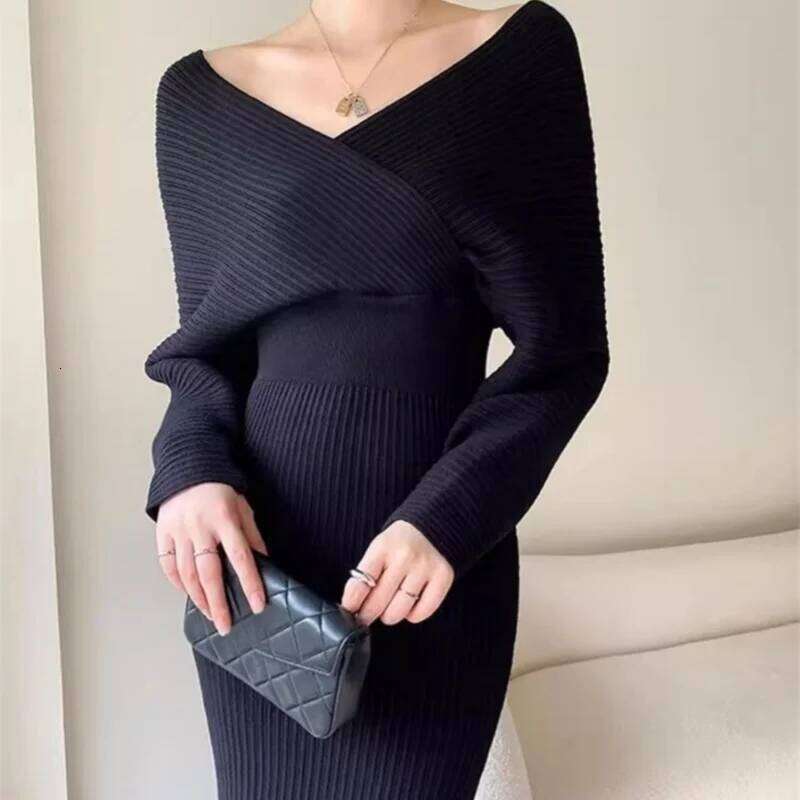 REALEFT Autumn Winter Elegant Front Cross V-neck Knitted Wrap 2025 High Waist Long Sleeve Casual Sweater Dresses Female Z260311