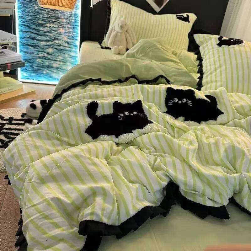 Summer Green Striped Hot Sale Black Cat Four-Piece Set Embroidered Washed Cotton Quilt Cover Bed Sheet People H260311 - view 5