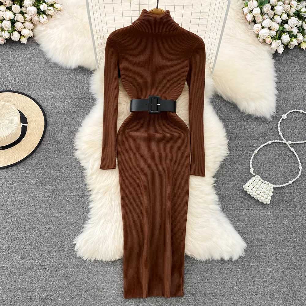 REALEFT Autumn Winter 2025 New Turtleneck Womens Knitted Dresses with Belted Long Sleeve Elegant Bodycon Wrap Dress Female M260311