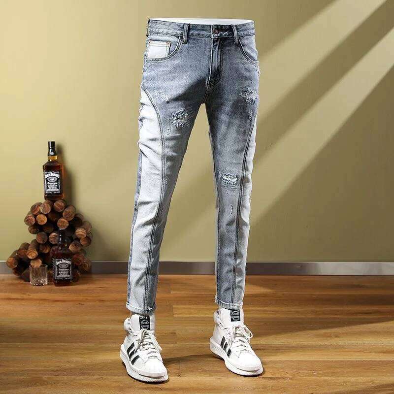 2024 Spring and Autumn Fashion Ripped Straight Stretch Jeans Men's Casual Slim Comfortable High Quality Small Feet Pants 28-36 Z260225