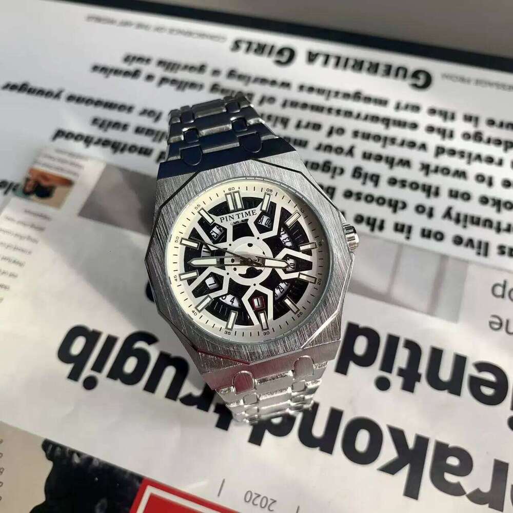Men's Fashionable Mechanical Style Skeleton Octagonal Calendar Quartz Watch with Steel Bracelet Unisex Timepiece Men gift