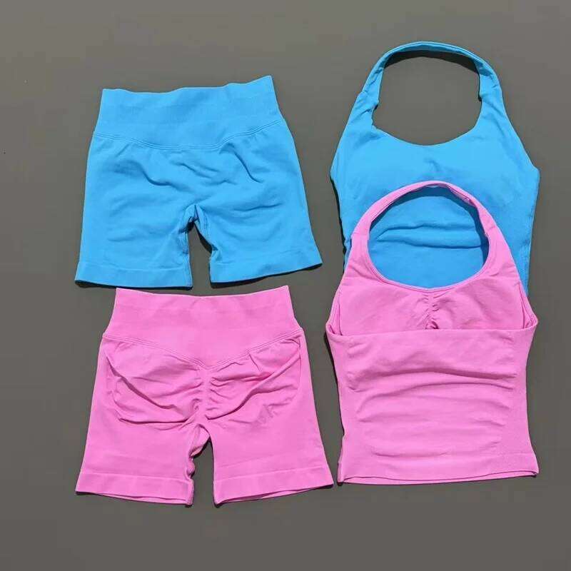 2 Pcs HISTELLO Halter Top Strappy Bra Shorts Set Women Yoga Workout Clothes Seamless Vest Hip-Lifting Sports Leggings Gym Suit 26H0311