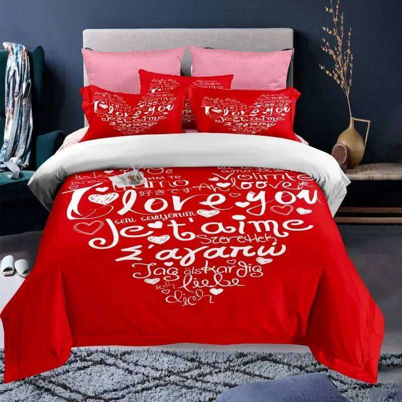 Valentine's Day Duvet Red Rose I Love You Pattern King Size Couple Polyester Bedding Set Happy Romantic Quilt Cover H260311